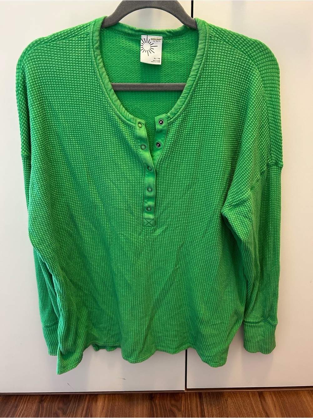 Offline by Aerie Bright Green Waffle Knit Henley Top